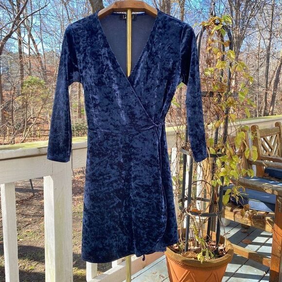 Lulu’s Navy Blue Crushed Velvet Mini Wrap Dress - Picture 2 of 8